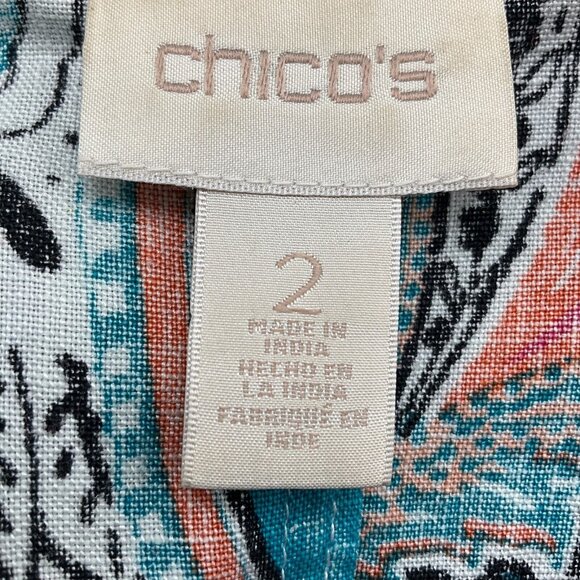 Chicos Open Jacket Women 2 Large 14 Blue Multi Paisley Linen Boho Peasant Drape - Picture 4 of 12